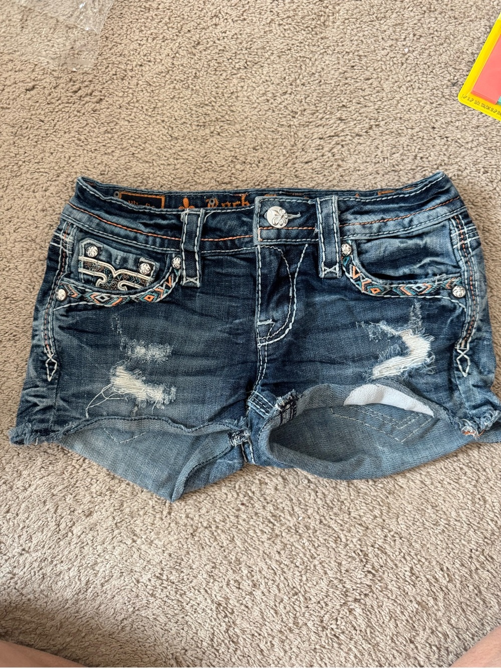 Rock Revival Dark Blue Distressed Denim Shorts with Embroidered Accent- Size 25